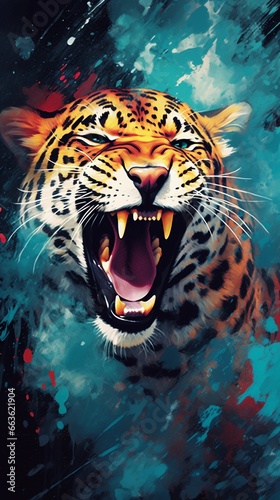 a textured background surrounded by an angry male jaguar in water color style, vertical format, background image, generative AI