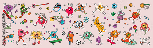 Mega set of 70s groovy element vector. Collection of cartoon characters  doodle smile face  boxing  sun  skateboard  banana  flower  football. Cute retro groovy hippie design for decorative  sticker.