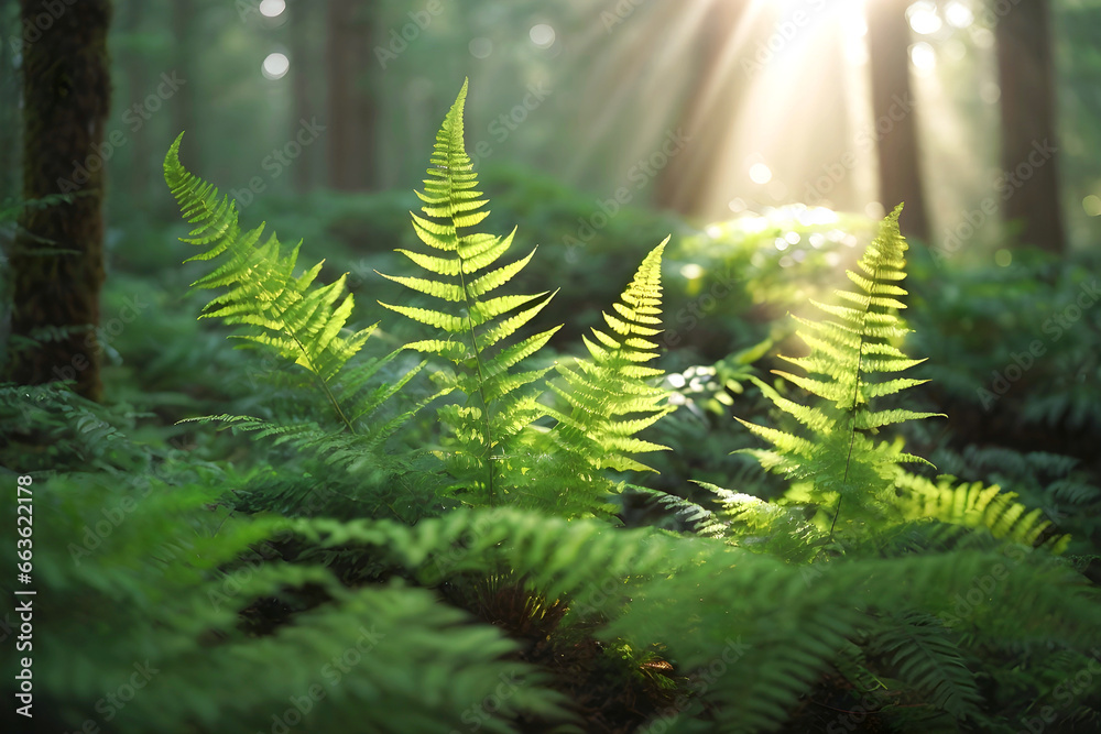 Green fern in the forest at sunrise.