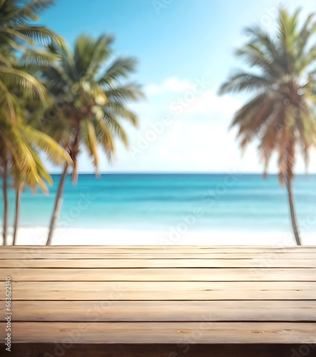 Wooden floor on the sunny beach.