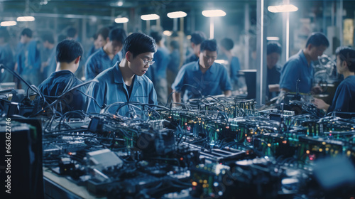 Asian workers in a technology production facility  working alongside industrial machines and cables to assemble electronic smartphones