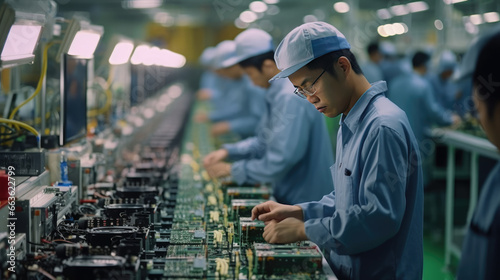 Asian workers in a technology production facility, working alongside industrial machines and cables to assemble electronic smartphones