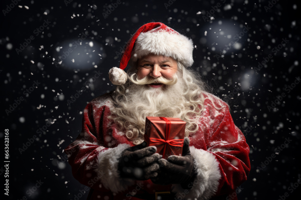 Portrait of the real, good old Santa Claus holding gift box in snowflakes surround Portrait of the real, good old Santa Claus holding gift box in snowflakes surround