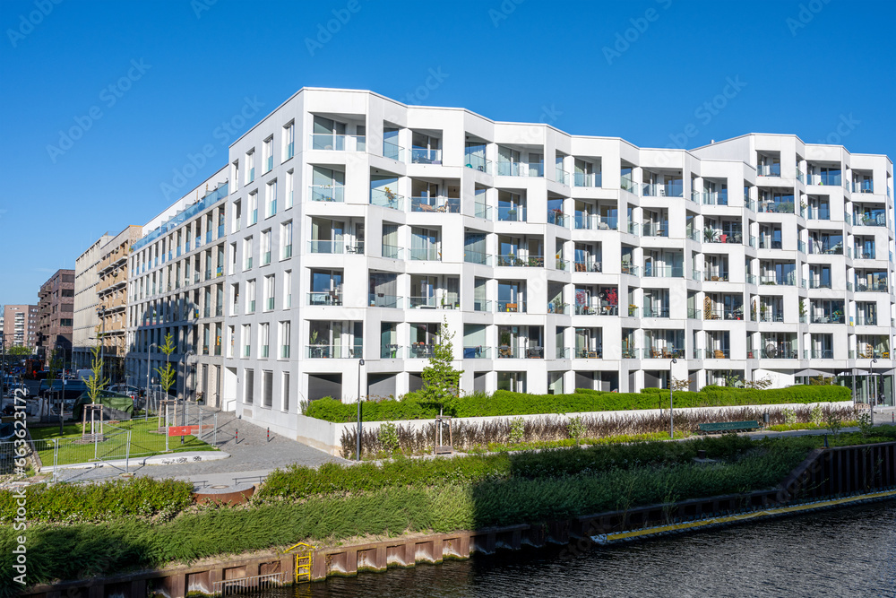 Modern apartment buildings at the waterside seen in Berlin, Germany
