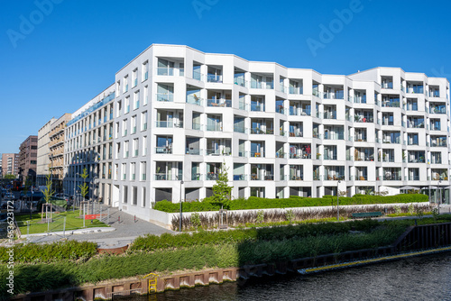 Modern apartment buildings at the waterside seen in Berlin, Germany