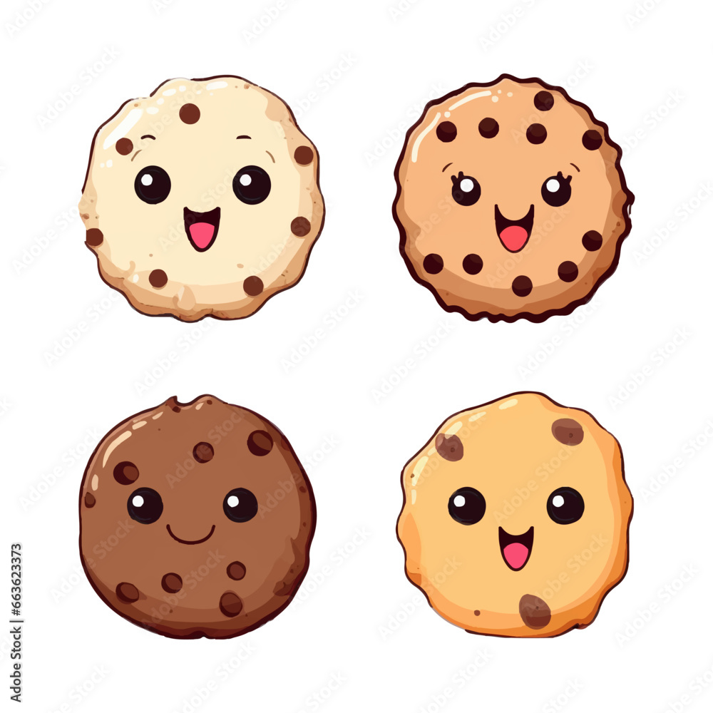 set of happy cute cookies watercolor illustrations for printing on baby clothes, pattern, sticker, postcards, print, fabric, and books