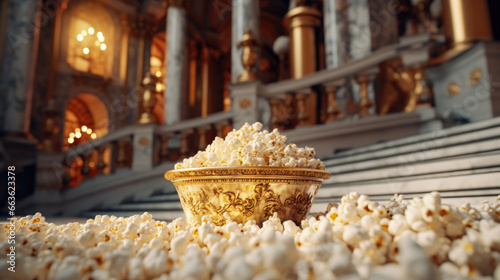 Close - up of popcorn against the backdrop of a palace staircase