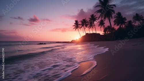 Island paradise, sea turtle swims calmly as purple dusk light engulfs swaying palm trees and turquoise waves on tropical shore