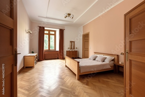 Spacious, clean room, wooden frame, elegant interior, bright walls. Generative AI © Caleb