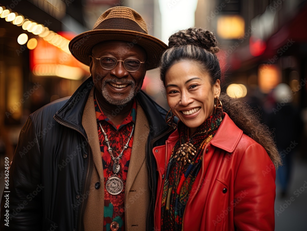 Multiracial couple of older african man and oriental woman walking on the street.