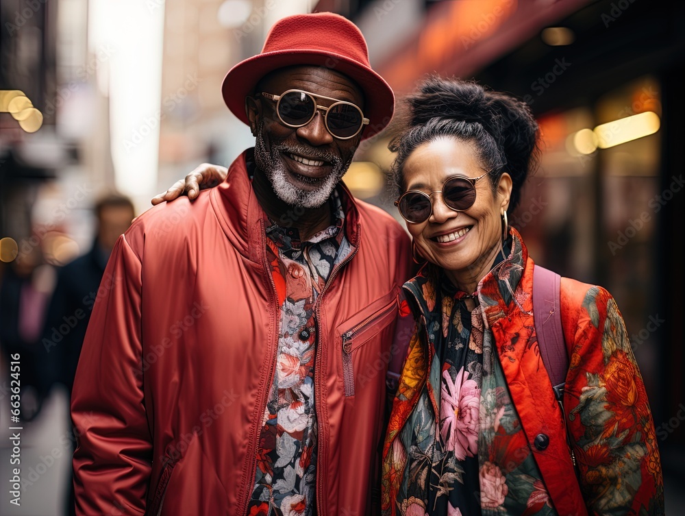 Multiracial couple of older african man and oriental woman walking on the street. Multiracial couple of older african man and oriental woman walking on the street.
