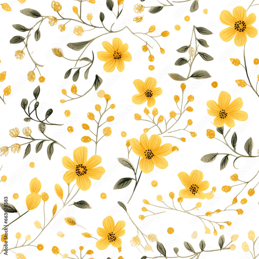 Seamless pattern Yellow flowers and leaves swirling on a white background, water color