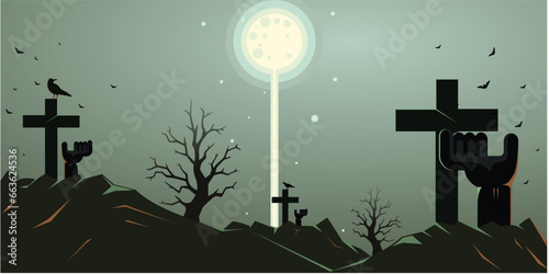 A spooky Halloween beground featuring a corpse rising from the grave, ideal for Halloween party invitations, decorations or promotional materials.
