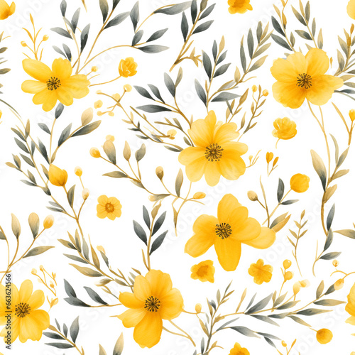 Seamless pattern Yellow flowers and leaves swirling on a white background  water color