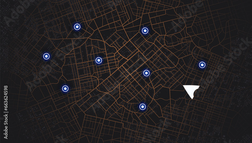 Location tracks dashboard. City street road. City streets and blocks, route distance data, path turns and destination tag or mark. Huge city top view. vector, illustration. Abstract background.