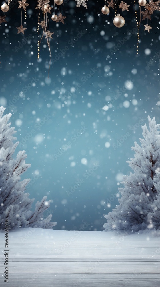 a winter background surrounded by christmas decoration, vertical format, background image, generative AI