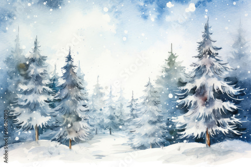 Watercolor Greeting card of Christmas trees in the forest © Veniamin Kraskov