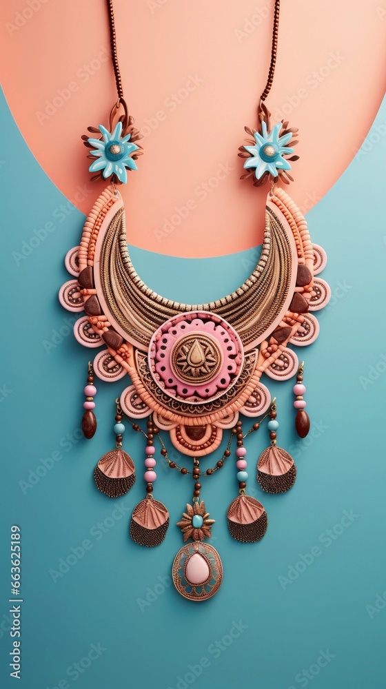 a pastel background surrounded by Ethnic or Tribal Jewelry, Ultra realistic, vertical format, background image, generative AI a pastel background surrounded by Ethnic or Tribal Jewelry, Ultra realistic, vertical format, background image, generative AI