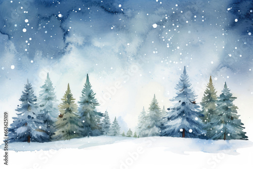 Watercolor Greeting card of Christmas trees in the forest