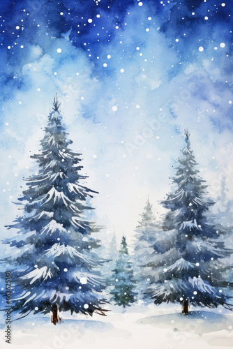 Watercolor Greeting card of Christmas trees in the forest © Veniamin Kraskov