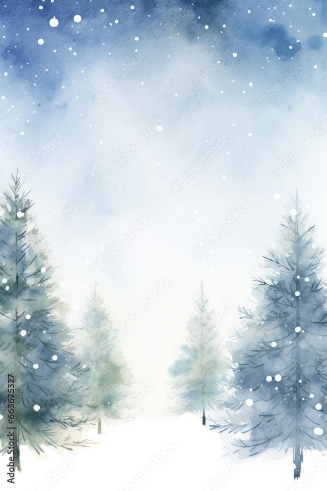 Watercolor Greeting card of Christmas trees in the forest
