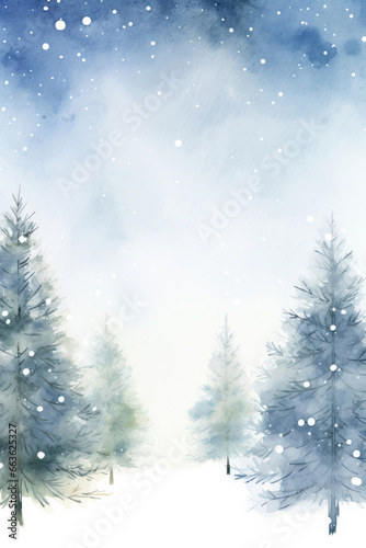 Watercolor Greeting card of Christmas trees in the forest © Venka