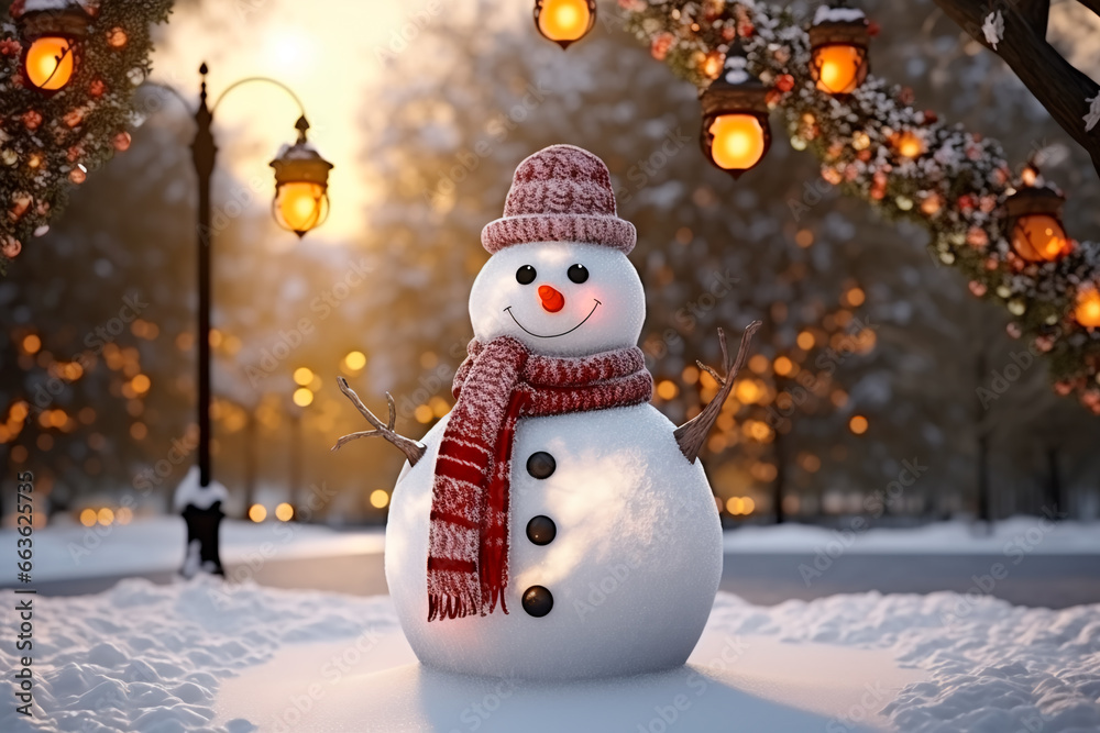 A beautiful snowman near a house decorated for Christmas. Warm image colors