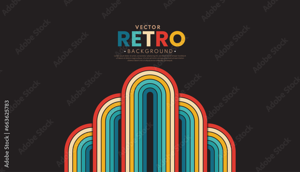 Abstract minimalist retro background with rounded stripe elements. Retro background lines 70s. Vector illustration. Rainbow line wallpaper. - obrazy, fototapety, plakaty 