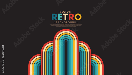 Abstract minimalist retro background with rounded stripe elements. Retro background lines 70s. Vector illustration. Rainbow line wallpaper.