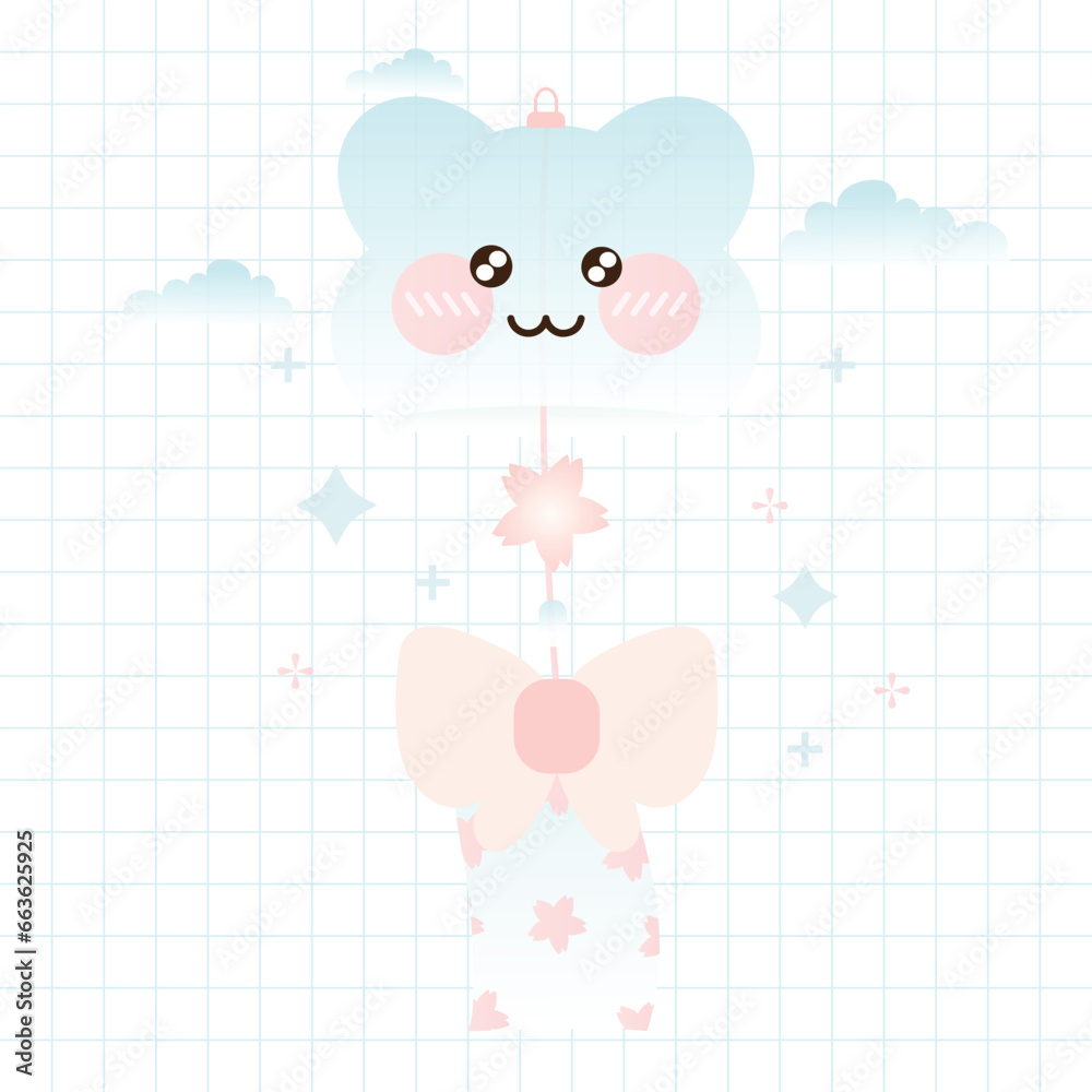 Vector Kawaii Cute Blue Bear Wind Chime Vector Illustration. Kawaii Japanese Wind Bell Vector Kawaii Cute Blue Bear Wind Chime Vector Illustration. Kawaii Japanese Wind Bell