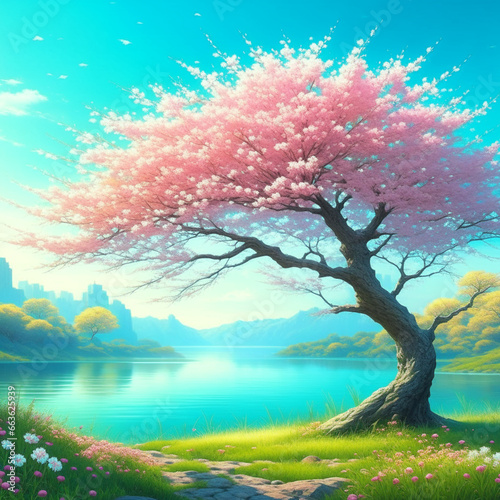 Big enchanted cherry blossom  tree next to light blue river  created with Generative AI technology