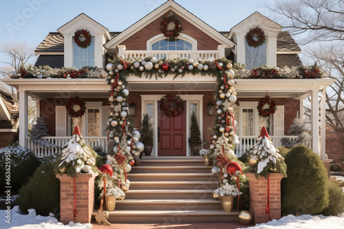Festive Holiday Decorations Adorned on a Charming Suburban Home in the USA © NE97
