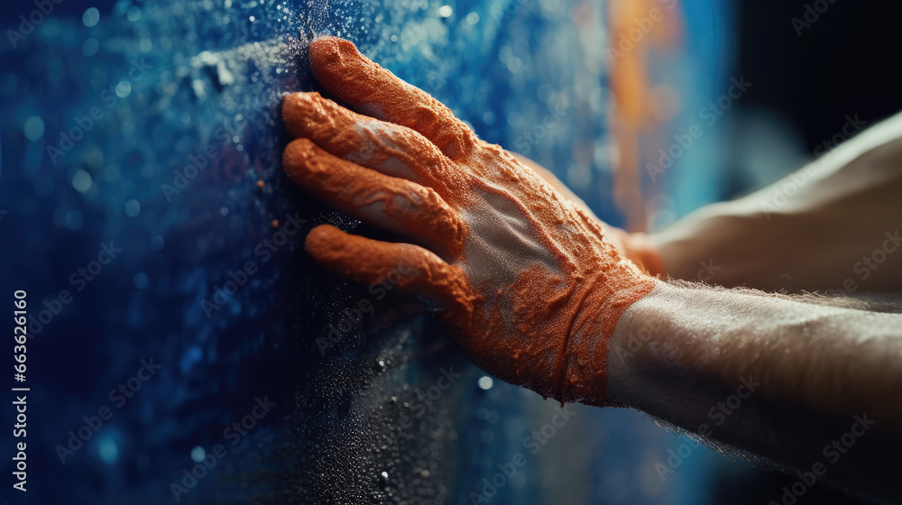 Close-up shot of a worker's hands gripping a car wash sponge as they meticulously clean a vehicle - obrazy, fototapety, plakaty 