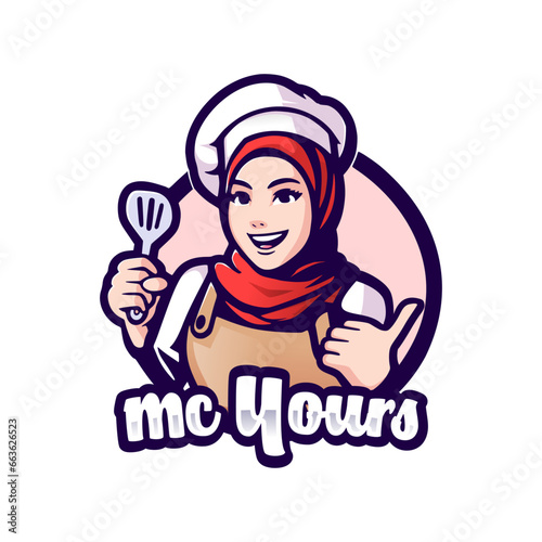 Moslem woman chef mascot logo vector. Smiling and cheerful girl chef.