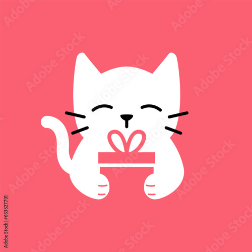 cat is holding birthday gift Logo Cartoon Mascot character vector icon illustration