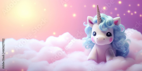 Plush pink unicorn on pastel background with clouds