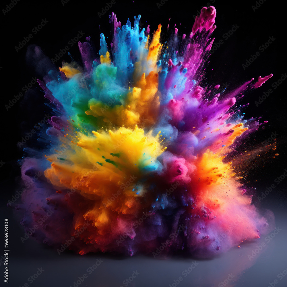 Multicolored explosion of holi paint powder on black background