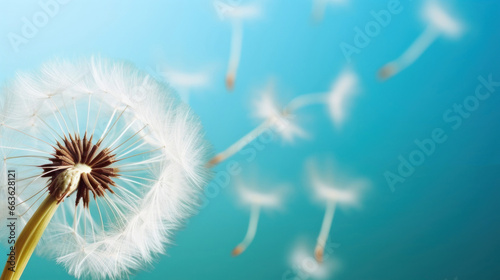Dandelion seeds close-up on a blue and turquoise background