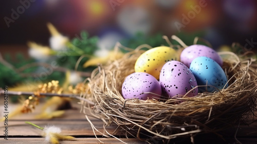 Multi-colored Easter eggs in a nest.