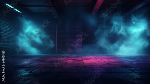Dark atmospheric room illuminated with neon pink and blue light © red_orange_stock