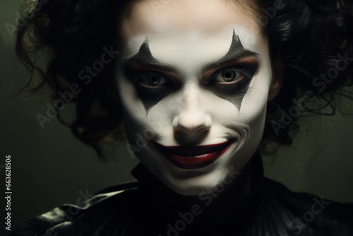 Beauty, fashion, make-up, Halloween concept. Beautiful brunette woman with joker makeup on her face looking at camera. Generative AI