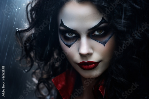 Beauty, fashion, make-up, Halloween concept. Beautiful brunette woman with joker makeup on her face looking at camera. Generative AI