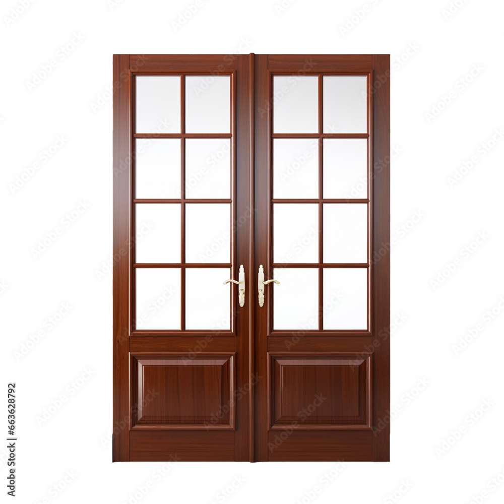 A wooden French door with multiple glass panels, allowing ample light and offering elegance, isolated on a transparent background. A wooden French door with multiple glass panels, allowing ample light and offering elegance, isolated on a transparent background.