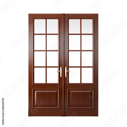 A wooden French door with multiple glass panels, allowing ample light and offering elegance, isolated on a transparent background.