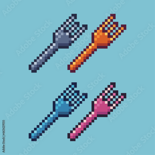 Pixel art sets of gold fork with variation color item asset. Simple bits of gold fork on pixelated style. 8bits perfect for game asset or design asset element for your game design asset.