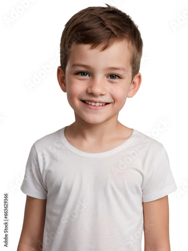 A boy wearing a white shirt smiling and looking at the camera, Happiness concept, isolated, transparent background, no background. PNG.