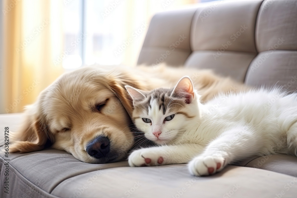 Cat and dog lying together on the sofa at home