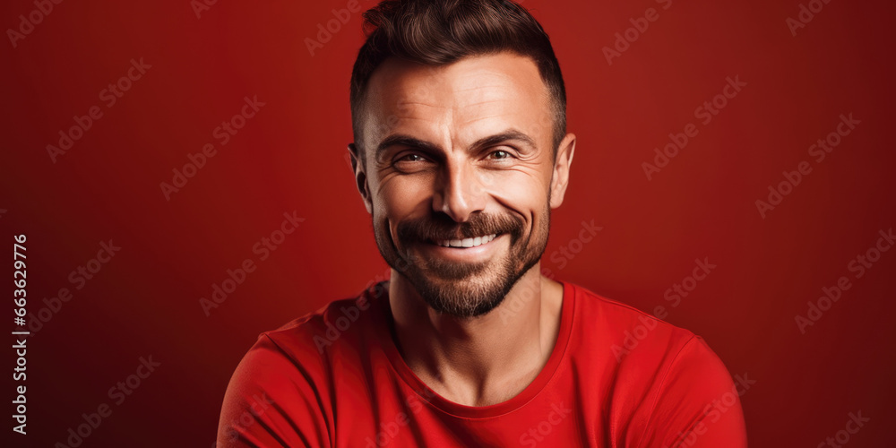 Obraz premium Happy Man in Red T-Shirt Posing against Red Background with copy space