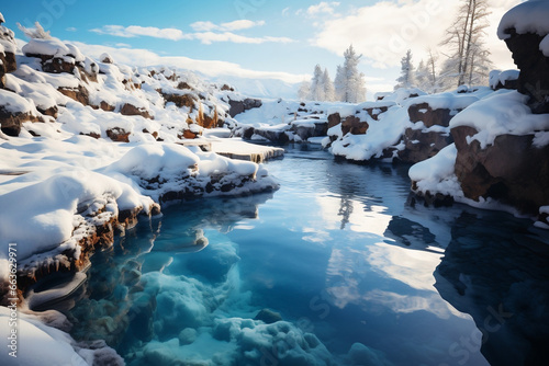 Melting ice and snow around the edge of a natural hot spring