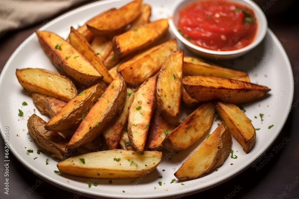 Crispy golden potato wedges, close up shot, menu, professional food photography, texture, yummy food Crispy golden potato wedges, close up shot, menu, professional food photography, texture, yummy food